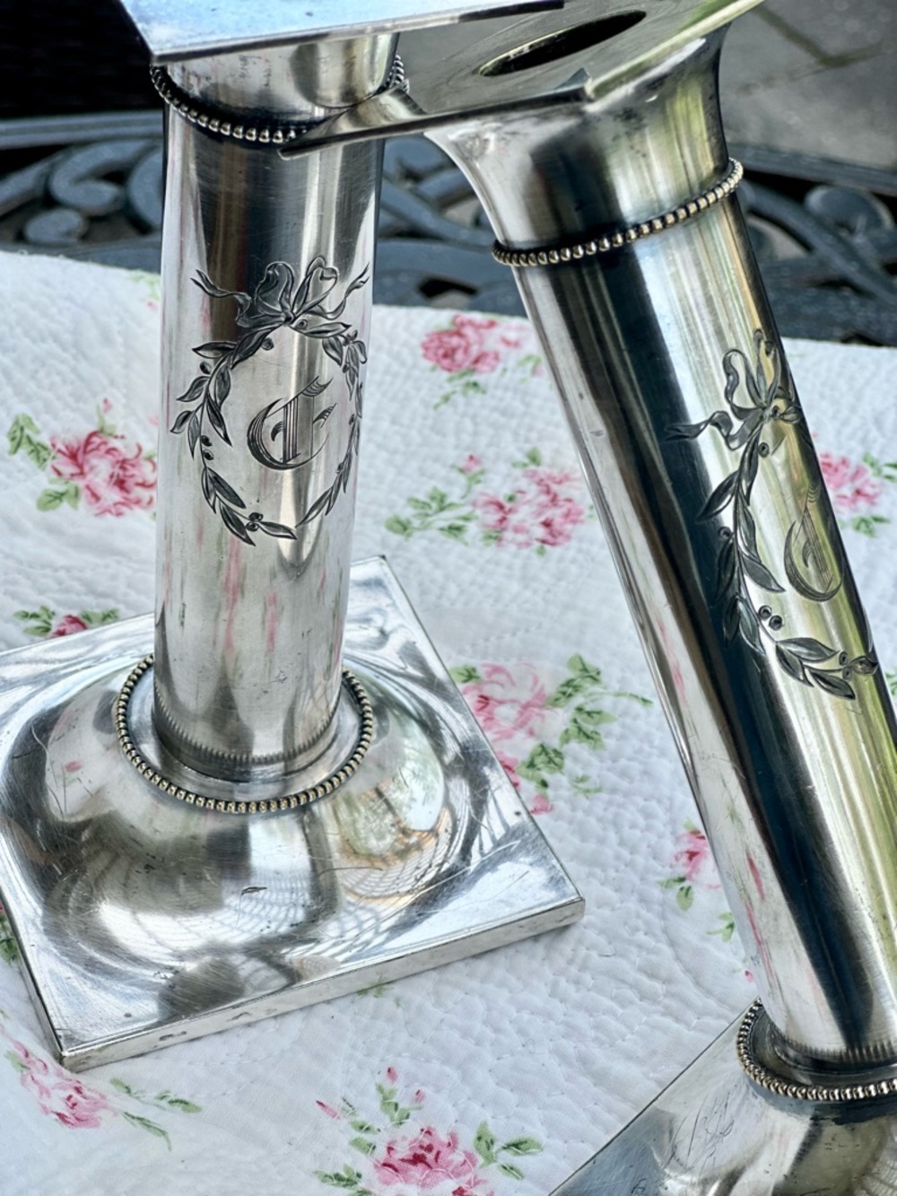Vintage Pairpoint Silverplate Candlesticks Engraved Monogram Deco Pair - Picture 6 of 12